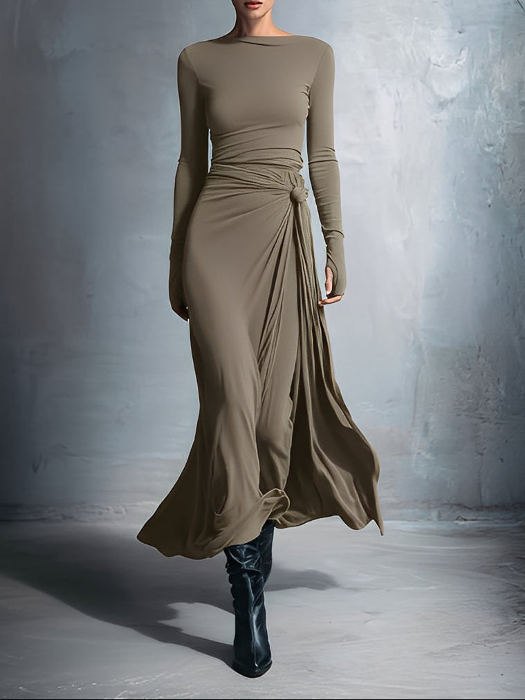 Women's Maxi Dress Boat Neck Long Sleeve Side Knot – Cocktail Party
