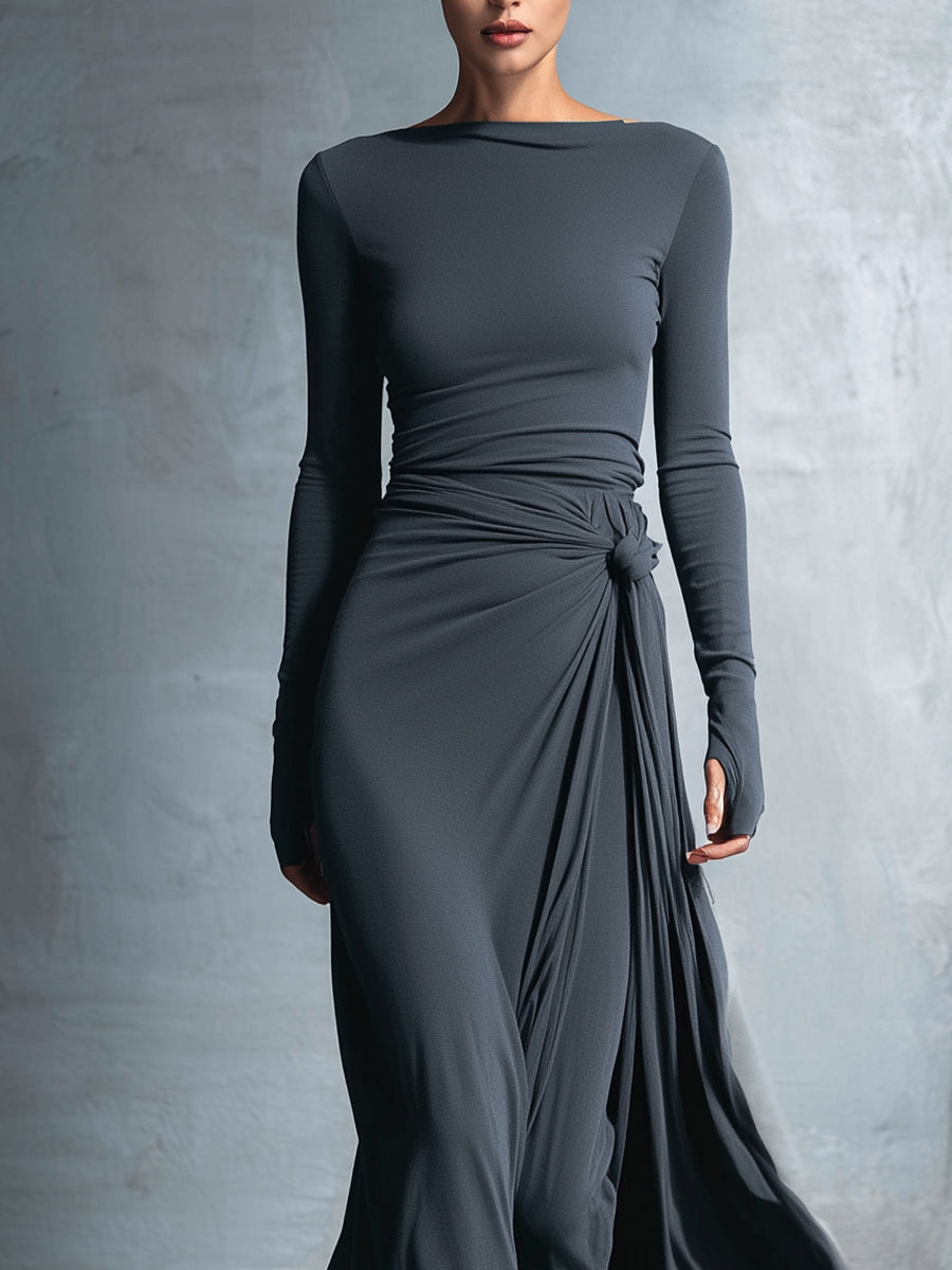 Women's Maxi Dress Boat Neck Long Sleeve Side Knot – Cocktail Party