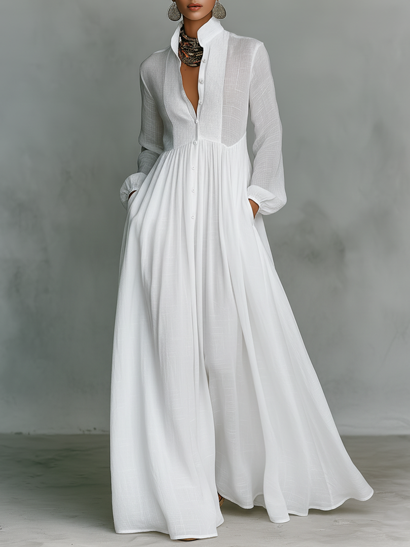 Women's Maxi Dress Button Front Long Sleeve Gathered Skirt – Resort Brunch