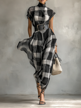 Women's Maxi Dress Check Print High Neck Cap Sleeve – Gallery Stroll