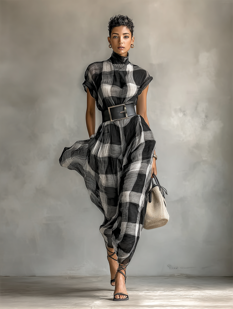 Women's Maxi Dress Check Print High Neck Cap Sleeve – Gallery Stroll