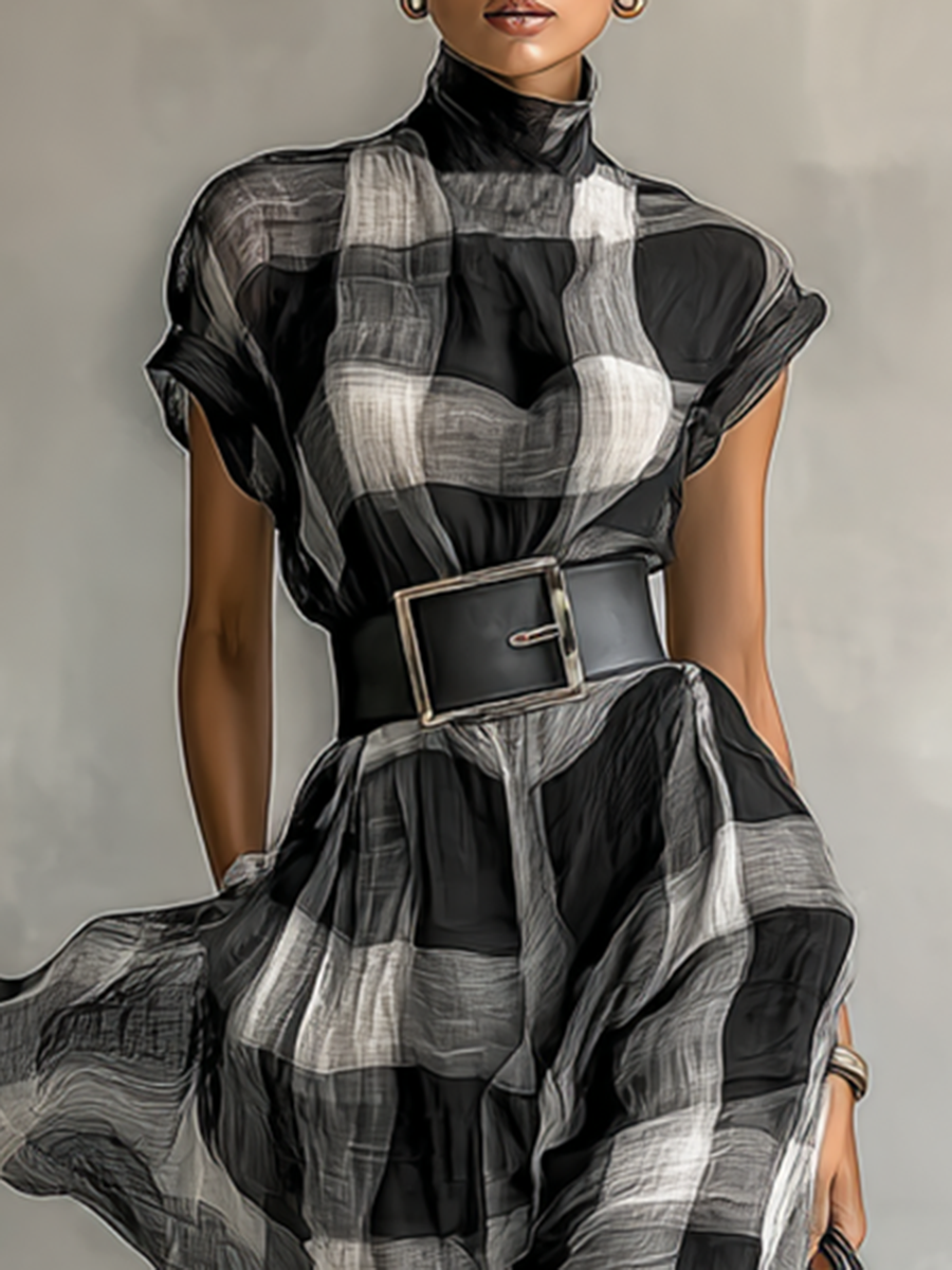 Women's Maxi Dress Check Print High Neck Cap Sleeve – Gallery Stroll