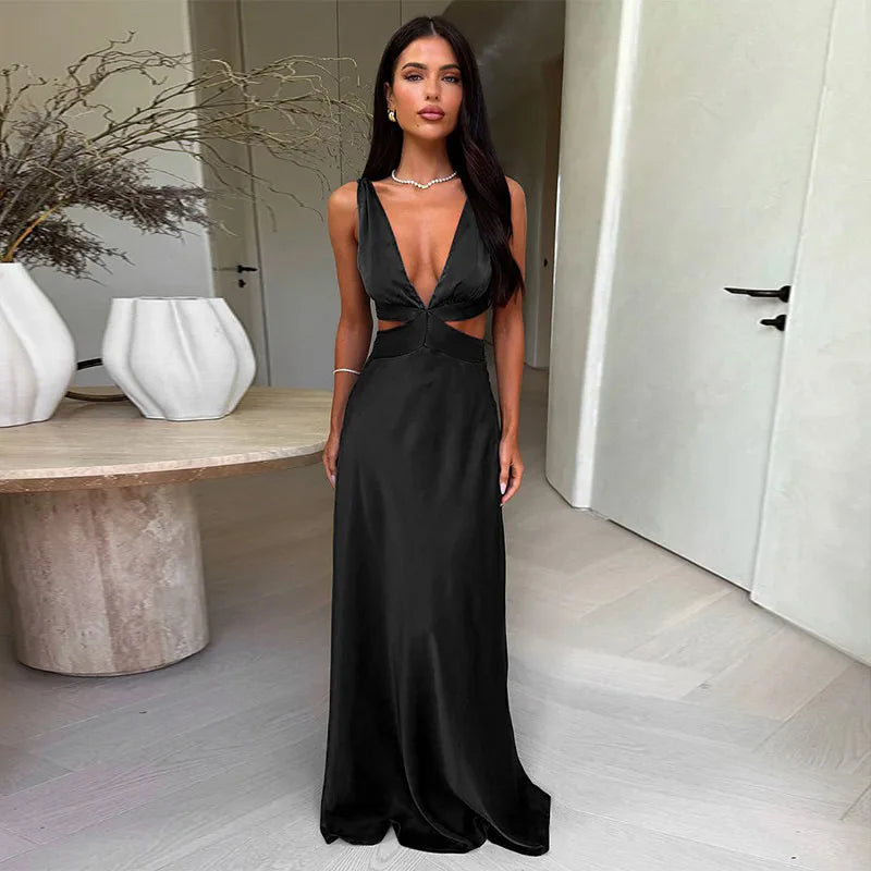 Women's Maxi Dress Cut Out V Neck Sleeveless – Wedding Guest