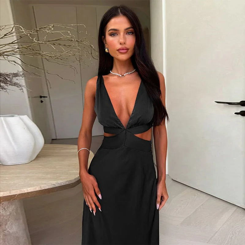 Women's Maxi Dress Cut Out V Neck Sleeveless – Wedding Guest