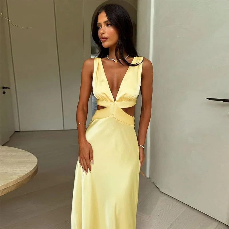 Women's Maxi Dress Cut Out V Neck Sleeveless – Wedding Guest