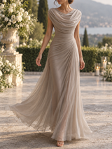 Women’s Maxi Dress Draped Neckline Ruched Waist Gathered Back – Formal Receptions