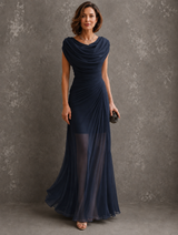 Women’s Maxi Dress Draped Neckline Ruched Waist Gathered Back – Formal Receptions