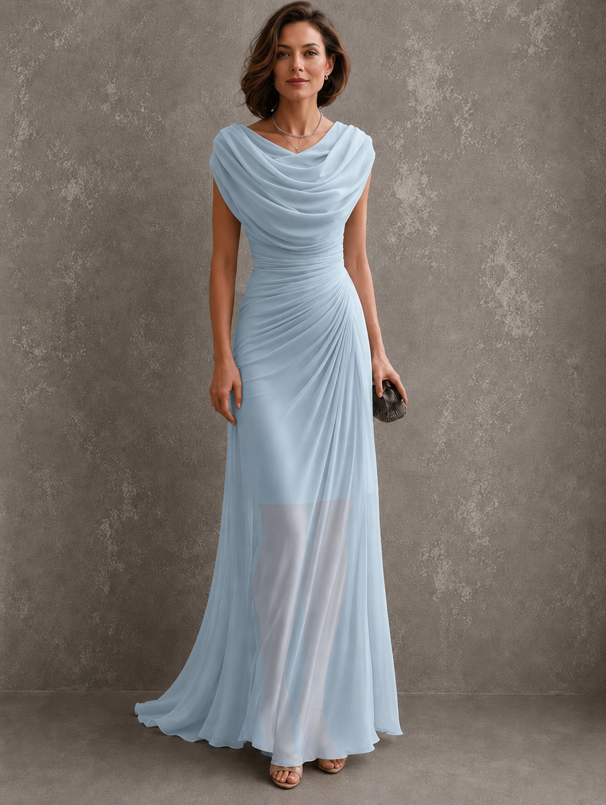 Women’s Maxi Dress Draped Neckline Ruched Waist Gathered Back – Formal Receptions
