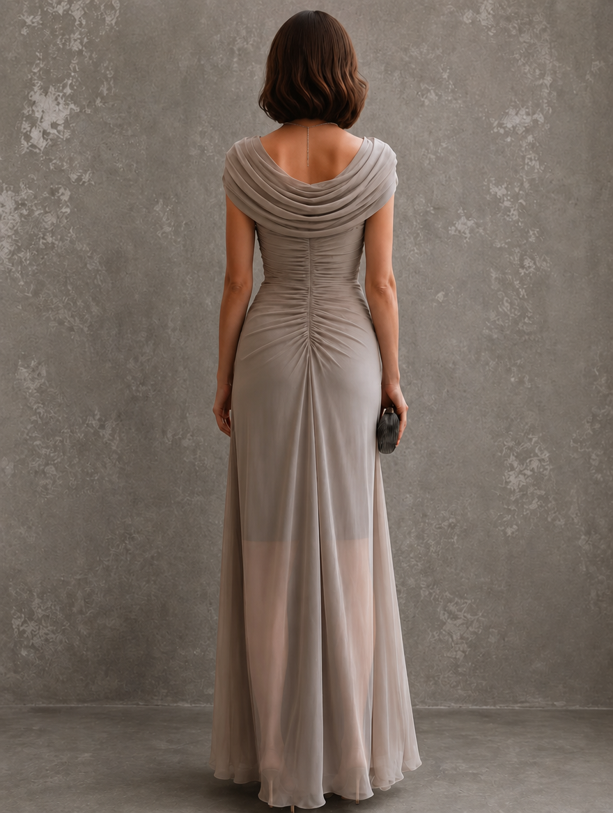 Women’s Maxi Dress Draped Neckline Ruched Waist Gathered Back – Formal Receptions