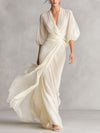 Women's Maxi Dress Draped V Neck Bishop Sleeve Waist Pleat – Wedding Guest