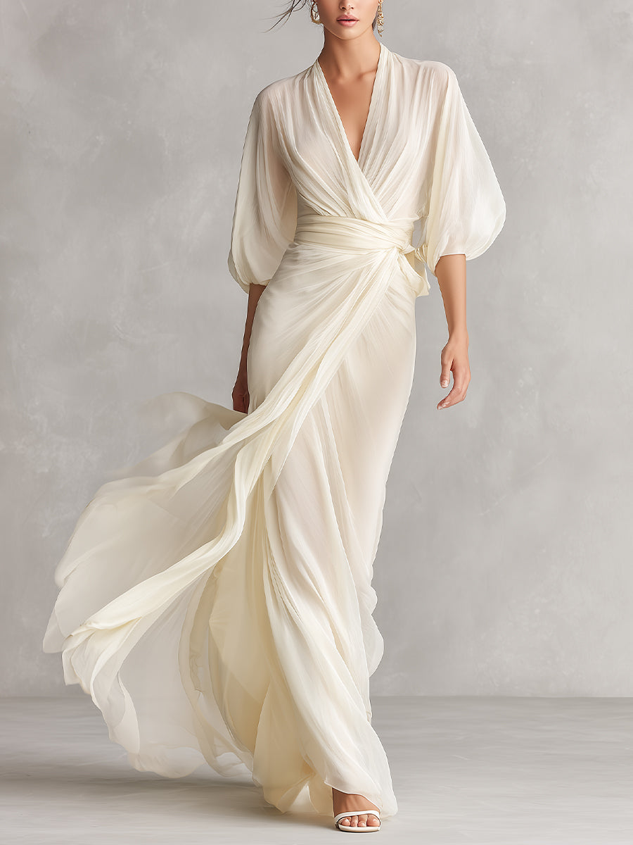 Women's Maxi Dress Draped V Neck Bishop Sleeve Waist Pleat – Wedding Guest