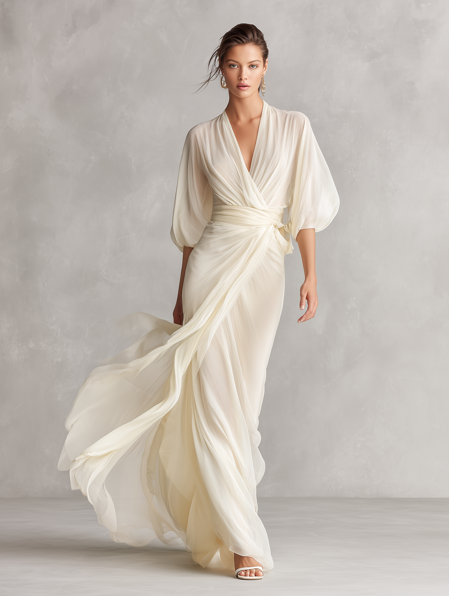 Women's Maxi Dress Draped V Neck Bishop Sleeve Waist Pleat – Wedding Guest