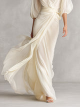 Women's Maxi Dress Draped V Neck Bishop Sleeve Waist Pleat – Wedding Guest