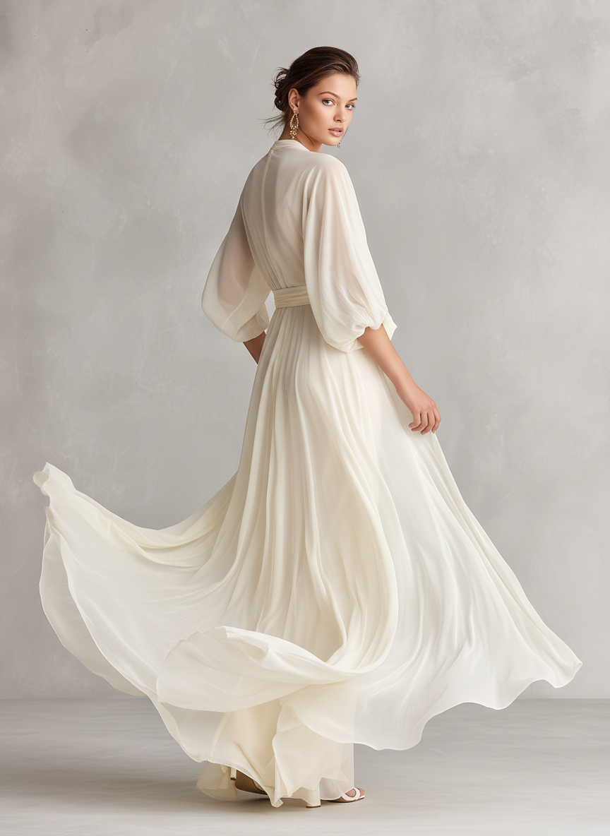 Women's Maxi Dress Draped V Neck Bishop Sleeve Waist Pleat – Wedding Guest