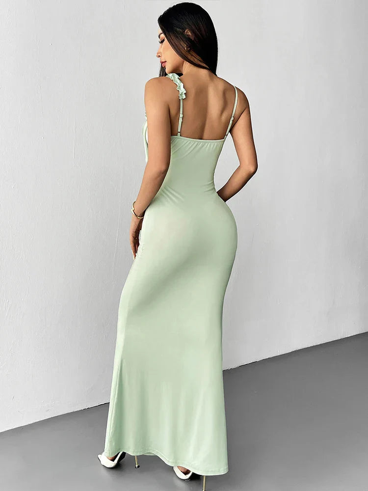 Women's Maxi Dress Dusty Rose Ruffle Strap Sleeveless – Wedding Guest
