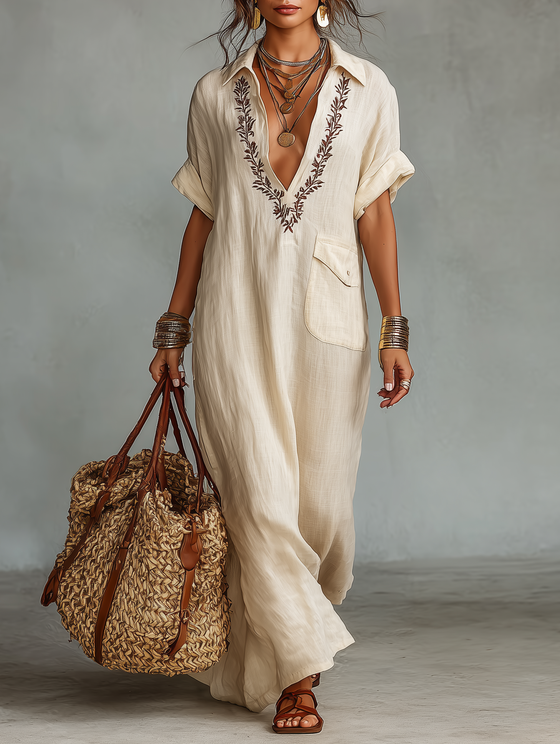 Women's Maxi Dress Embroidered V Neck Short Sleeve – Beach Vacation