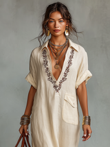 Women's Maxi Dress Embroidered V Neck Short Sleeve – Beach Vacation