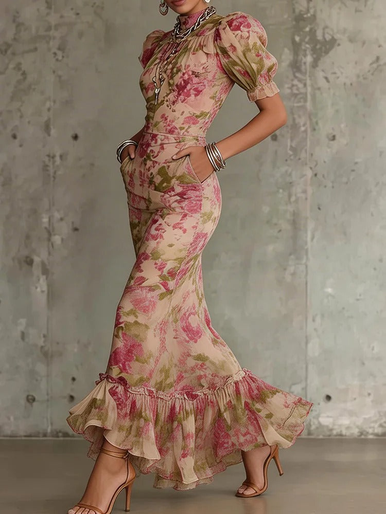 Women's Maxi Dress Floral High Neck Puff Sleeve Ruffle Hem – Outdoor Reception