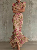 Women's Maxi Dress Floral High Neck Puff Sleeve Ruffle Hem – Outdoor Reception