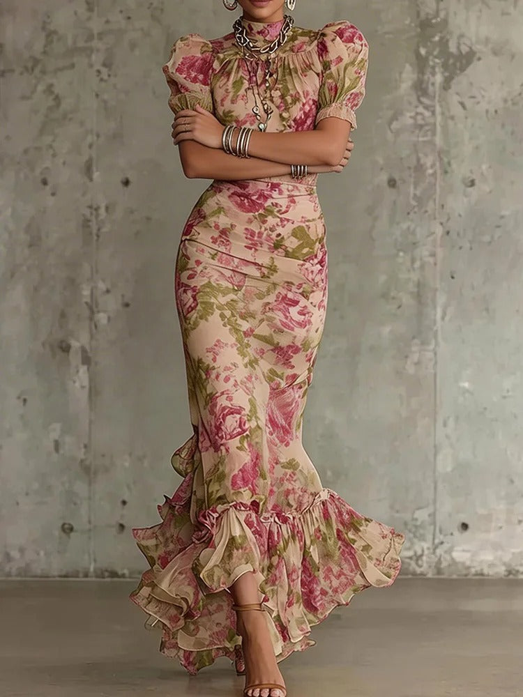 Women's Maxi Dress Floral High Neck Puff Sleeve Ruffle Hem – Outdoor Reception