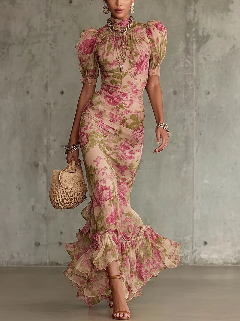 Women's Maxi Dress Floral High Neck Puff Sleeve Ruffle Hem – Outdoor Reception