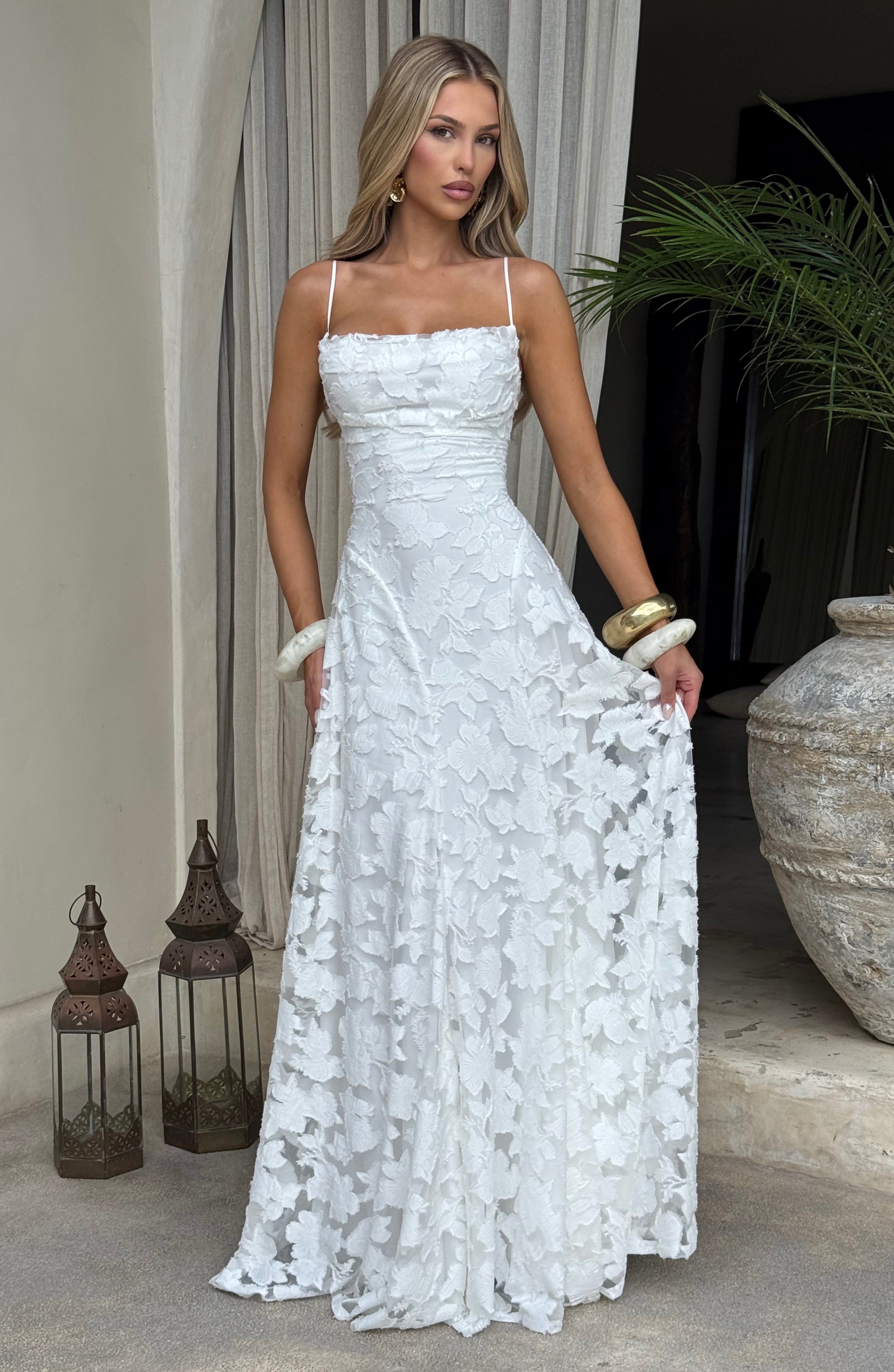 Women’s Maxi Dress Floral Texture Spaghetti Strap Lace Up Back – Formal Celebrations
