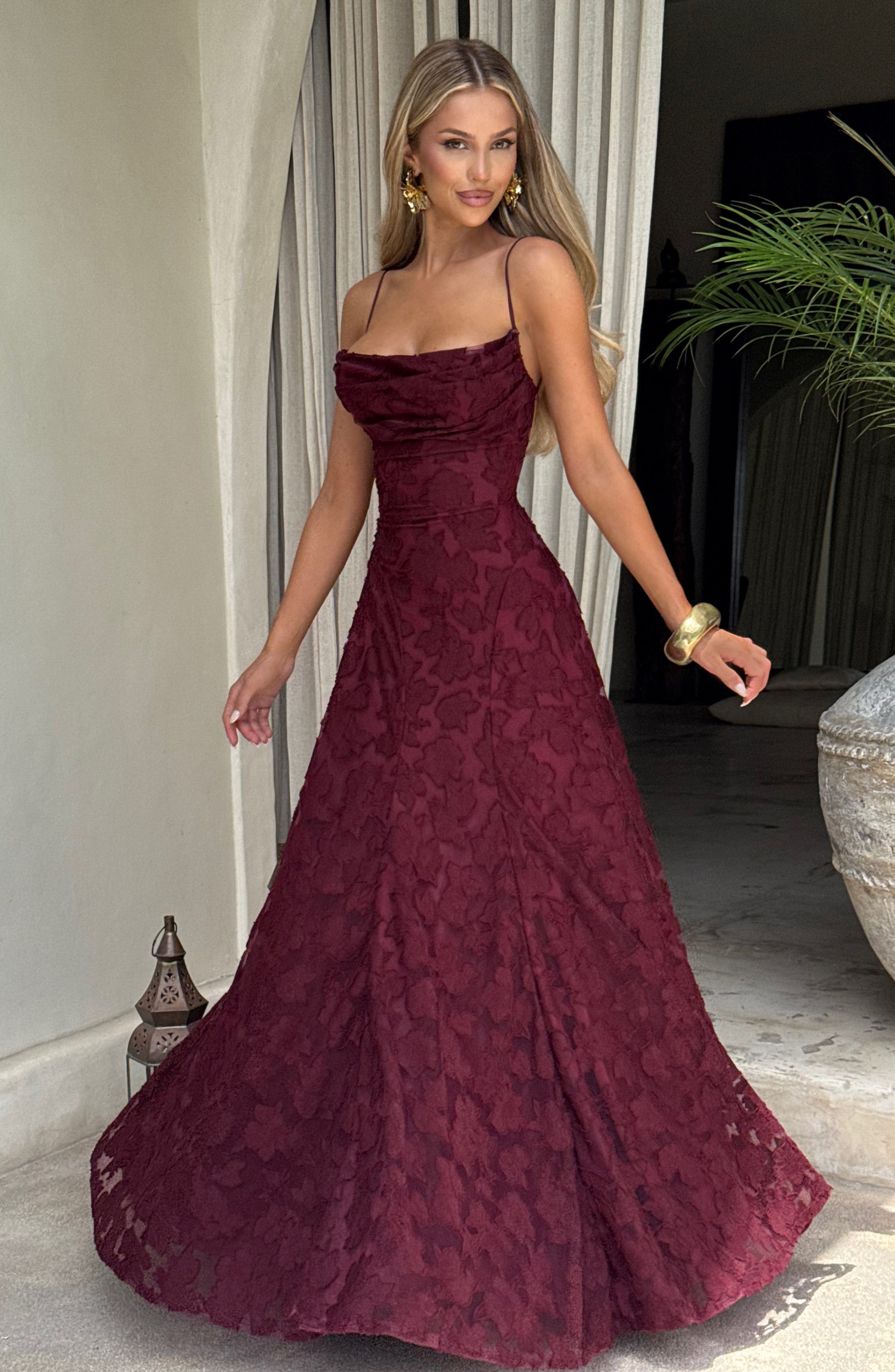 Women’s Maxi Dress Floral Texture Spaghetti Strap Lace Up Back – Formal Celebrations