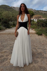 Women's Maxi Dress Halter Neck Contrast Panel – Wedding Guest