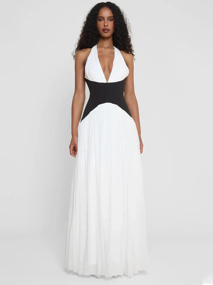Women's Maxi Dress Halter Neck Contrast Panel – Wedding Guest