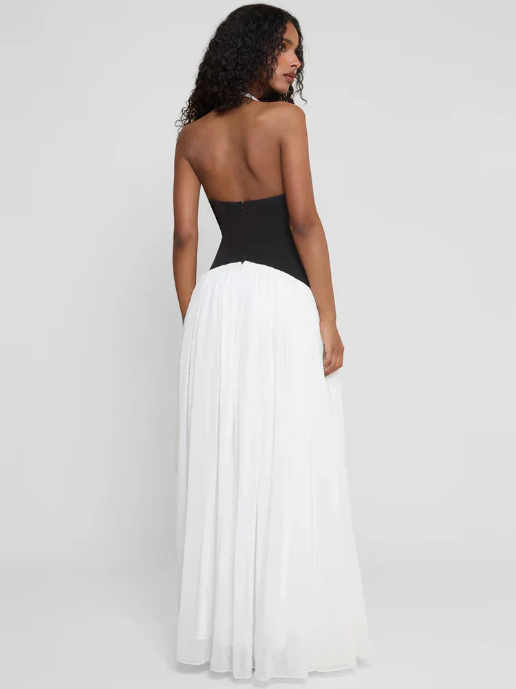 Women's Maxi Dress Halter Neck Contrast Panel – Wedding Guest