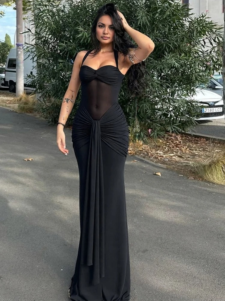 Women's Maxi Dress Halter Neck Ruched Front Draped Skirt – Wedding Guest