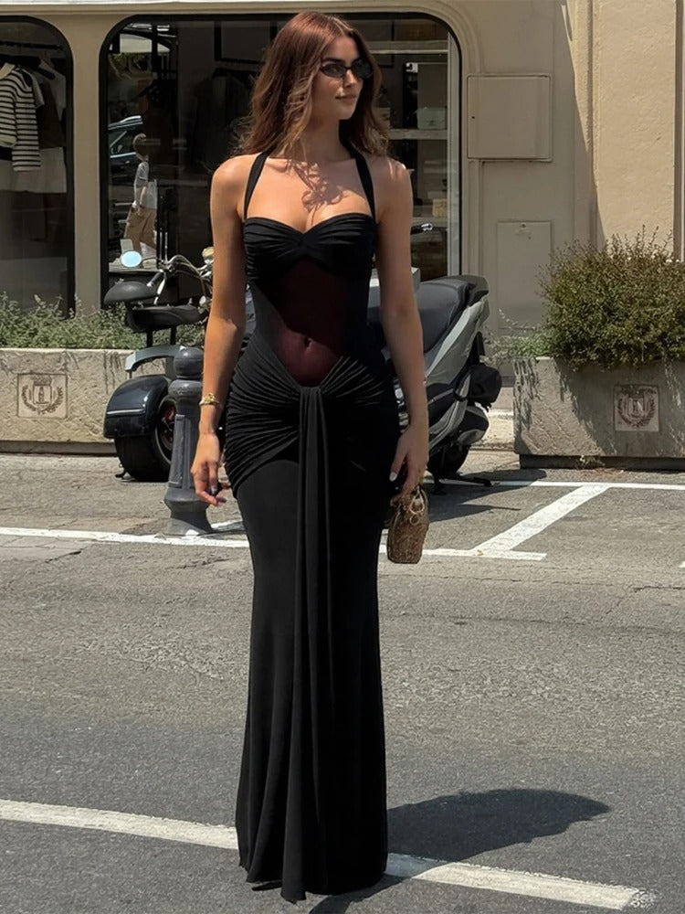 Women's Maxi Dress Halter Neck Ruched Front Draped Skirt – Wedding Guest