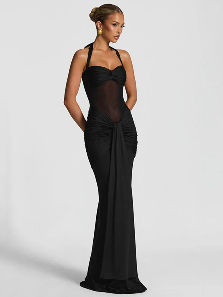 Women's Maxi Dress Halter Neck Ruched Front Draped Skirt – Wedding Guest