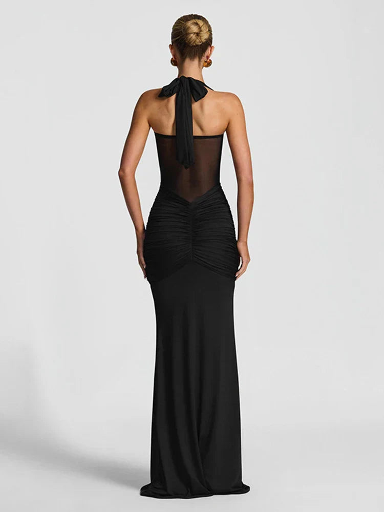 Women's Maxi Dress Halter Neck Ruched Front Draped Skirt – Wedding Guest