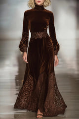 Women’s Maxi Dress High Neck Balloon Sleeves Floral Lace Panels – Formal Dinners