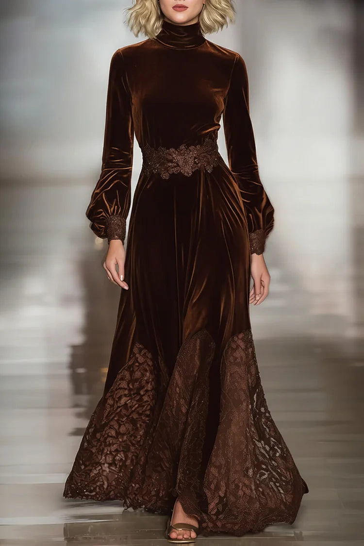 Women’s Maxi Dress High Neck Balloon Sleeves Floral Lace Panels – Formal Dinners