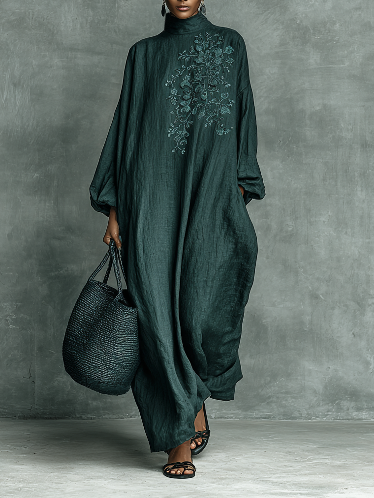 Women's Maxi Dress High Neck Lantern Sleeve Floral Detail – Museum Visits