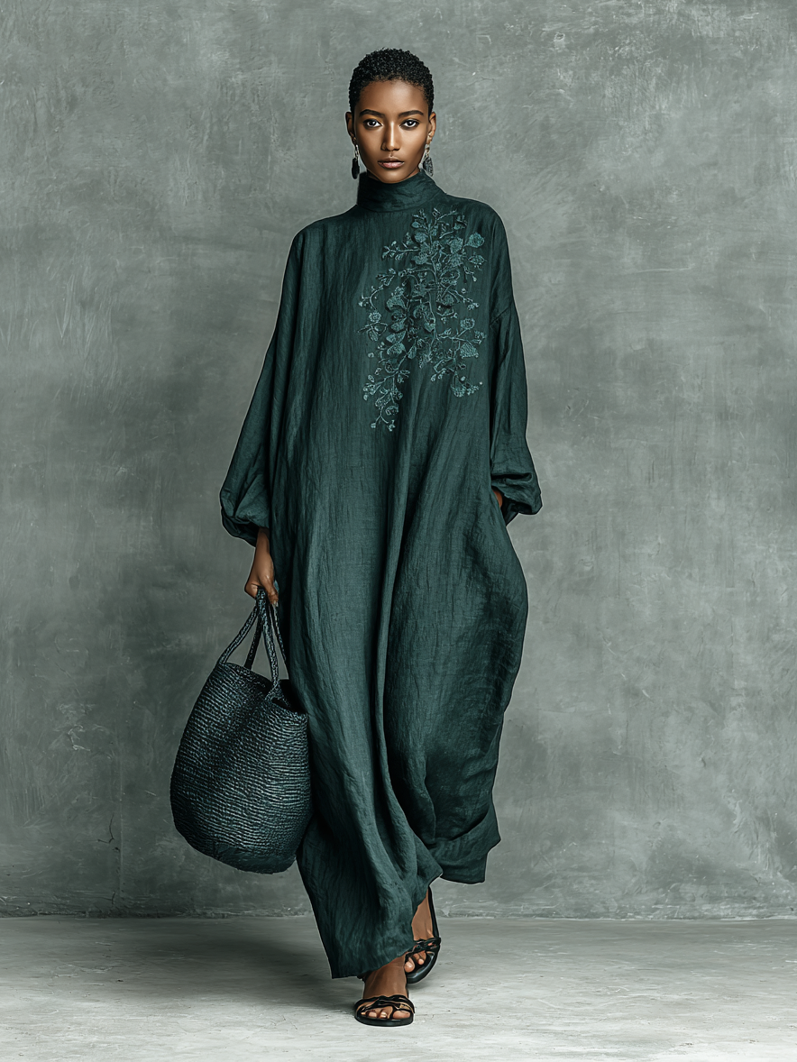 Women's Maxi Dress High Neck Lantern Sleeve Floral Detail – Museum Visits