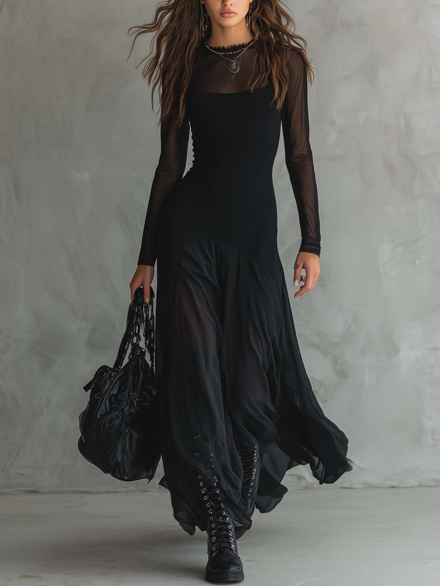 Women's Maxi Dress High Neck Long Sleeve Layered Skirt – Concert Night