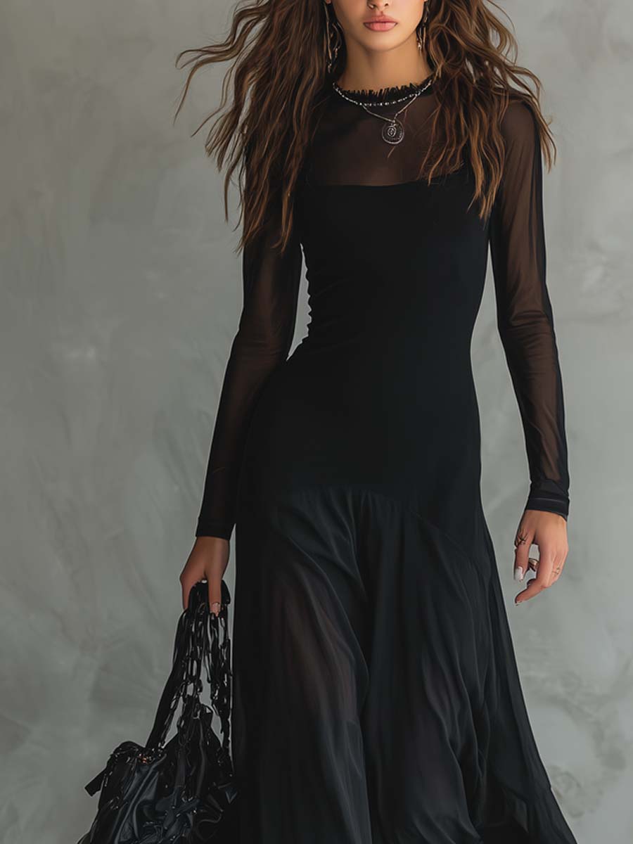 Women's Maxi Dress High Neck Long Sleeve Layered Skirt – Concert Night