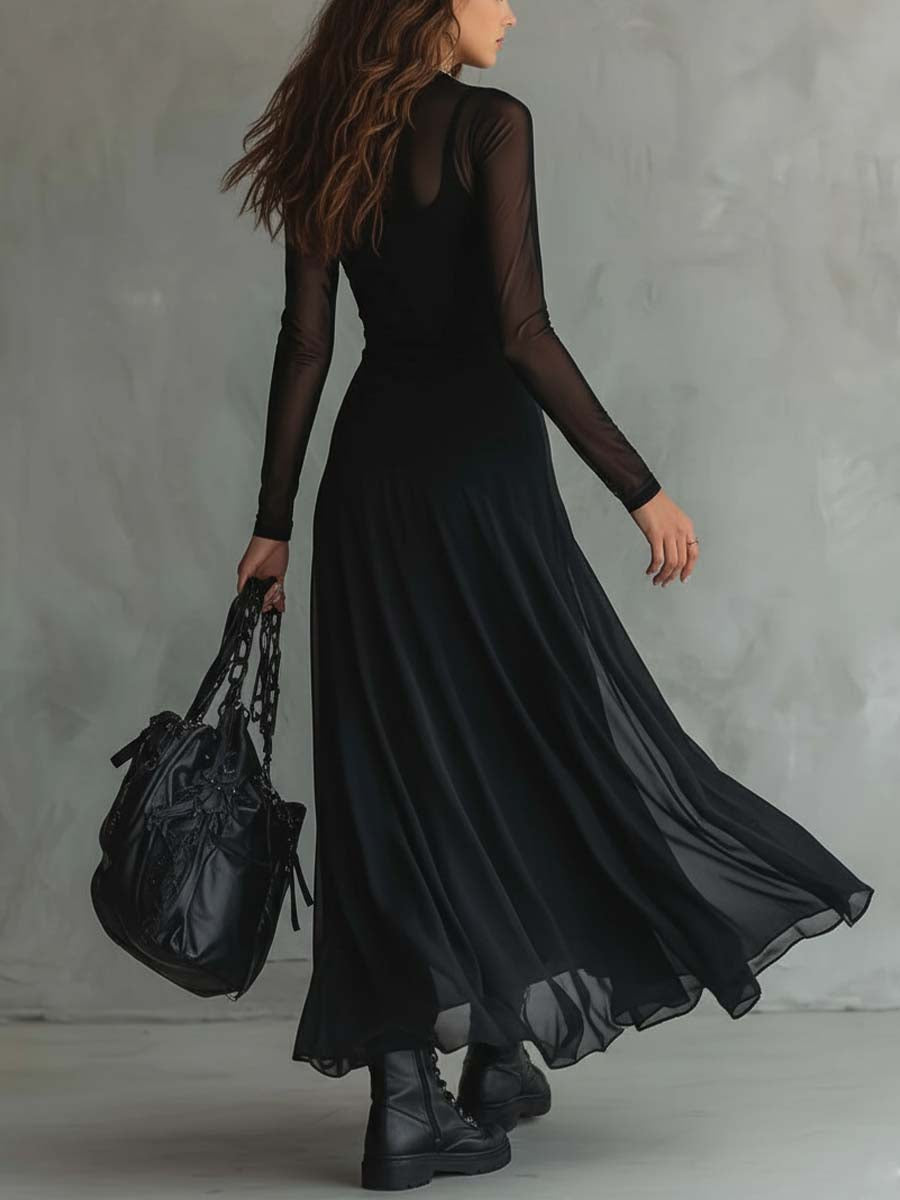 Women's Maxi Dress High Neck Long Sleeve Layered Skirt – Concert Night