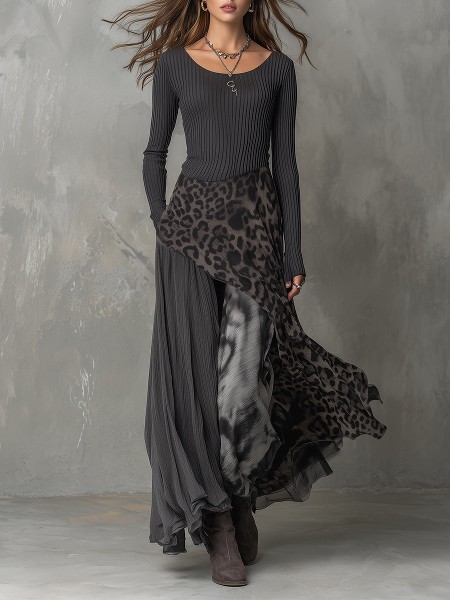 Women's Maxi Dress Leopard Long Sleeve Layered Panels – Evening Event