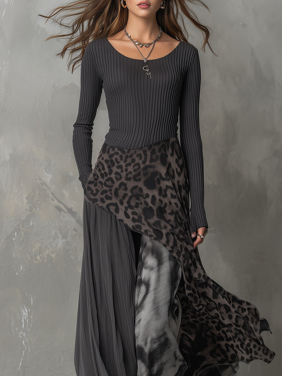 Women's Maxi Dress Leopard Long Sleeve Layered Panels – Evening Event