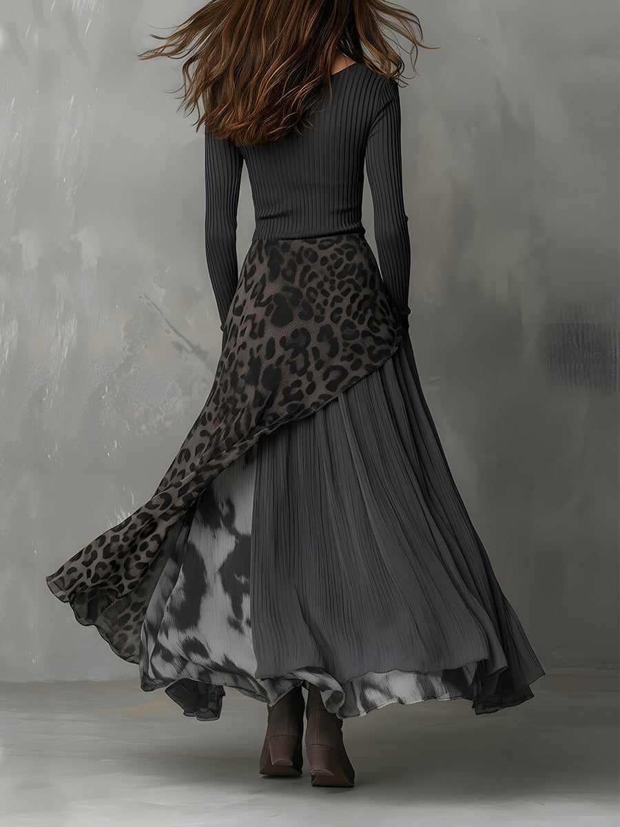 Women's Maxi Dress Leopard Long Sleeve Layered Panels – Evening Event