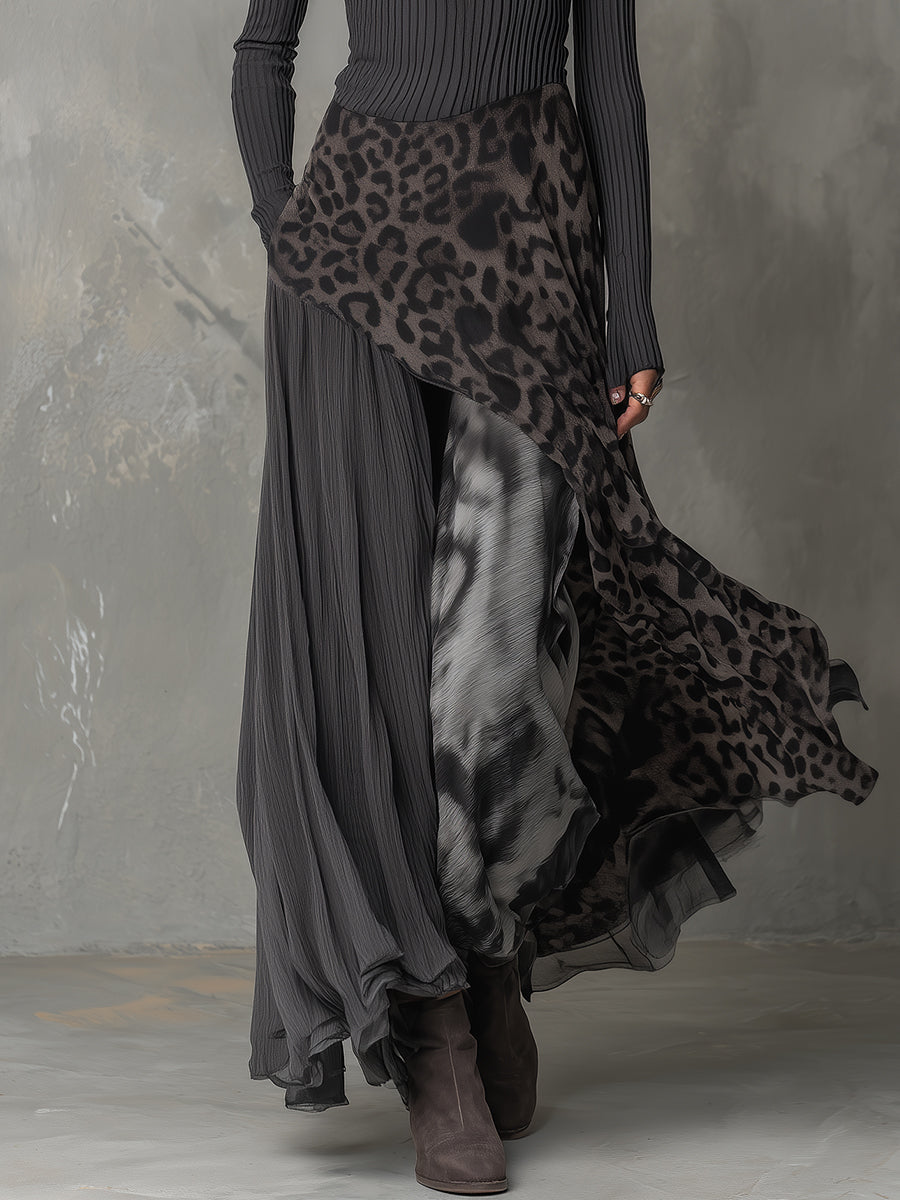 Women's Maxi Dress Leopard Long Sleeve Layered Panels – Evening Event