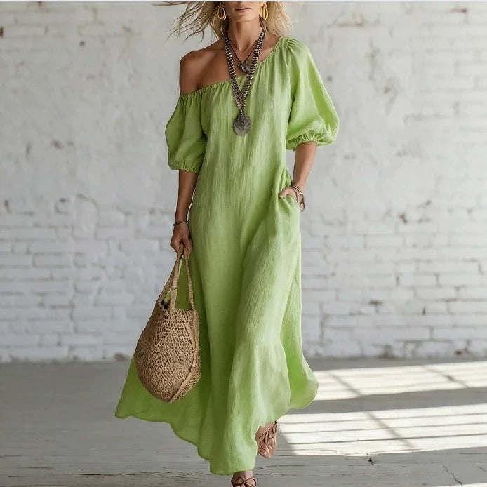 Women's Maxi Dress Off Shoulder Puff Sleeves Side Pockets – Resort Brunch