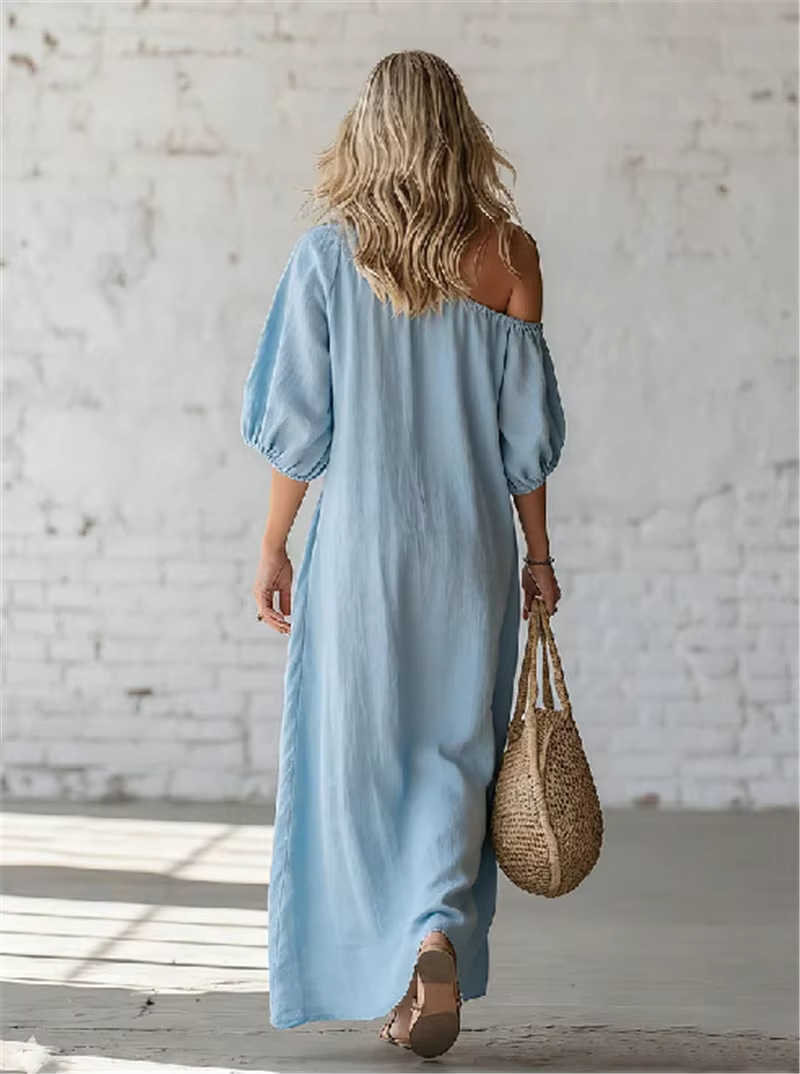 Women's Maxi Dress Off Shoulder Puff Sleeves Side Pockets – Resort Brunch