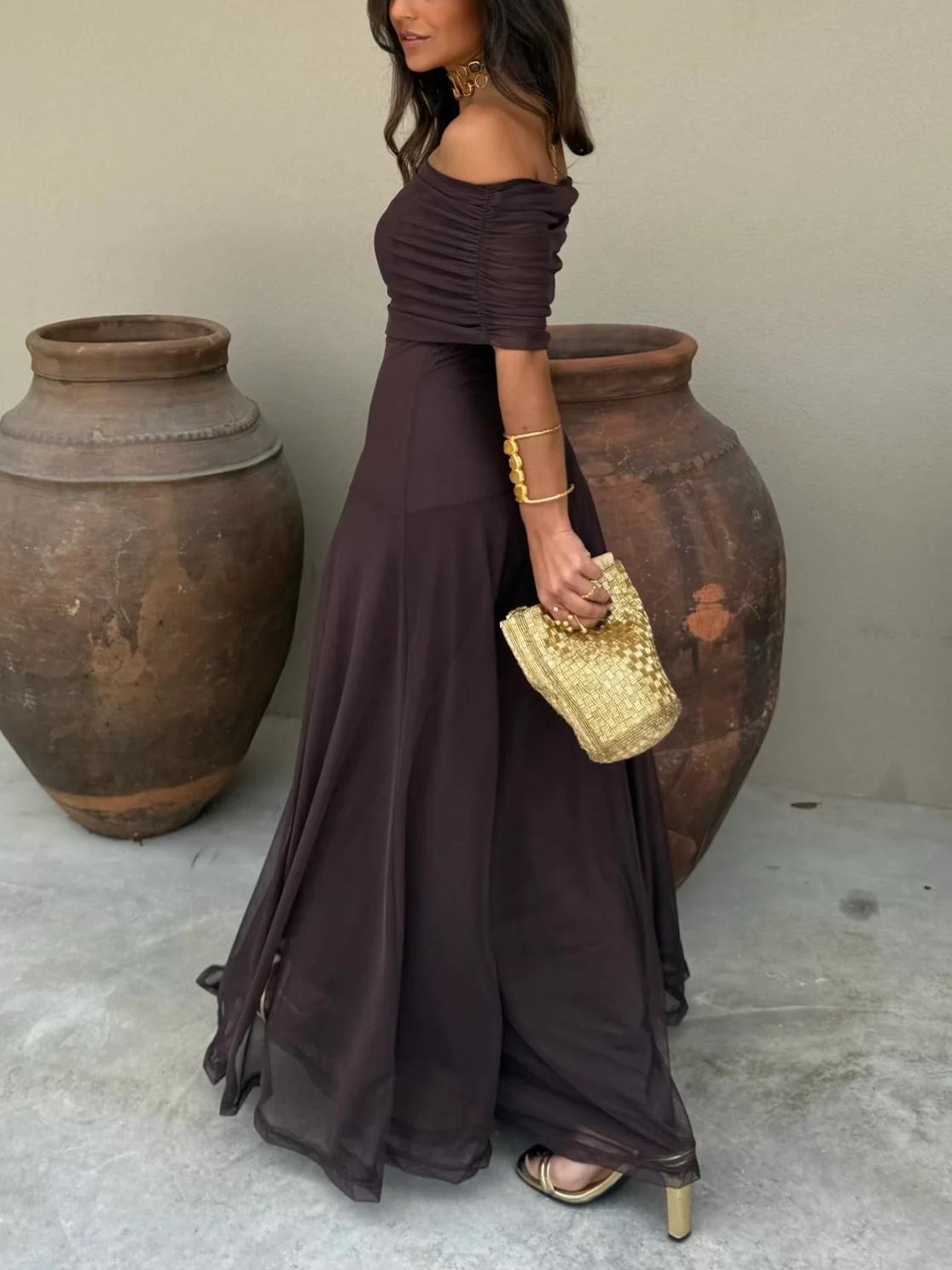 Women's Maxi Dress Off Shoulder Sheer Overlay – Wedding Guest