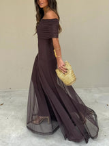Women's Maxi Dress Off Shoulder Sheer Overlay – Wedding Guest