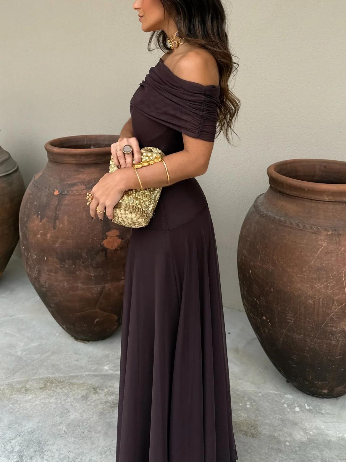 Women's Maxi Dress Off Shoulder Sheer Overlay – Wedding Guest